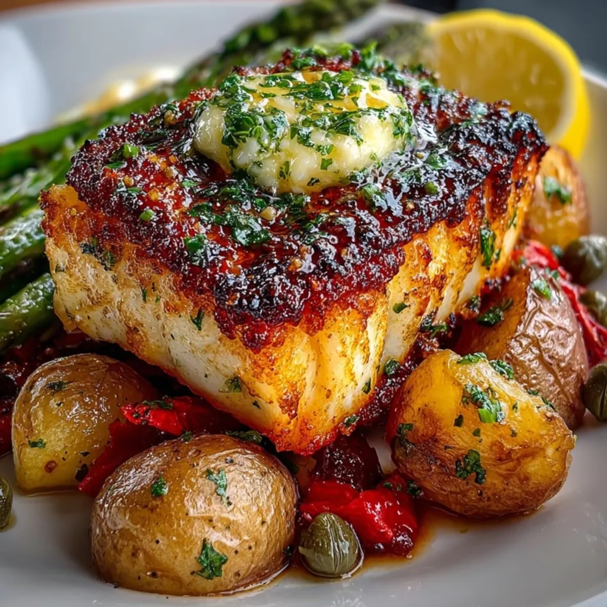 Pan-seared halibut with lemon-herb butter and roasted vegetables plated for an elegant coastal dinner