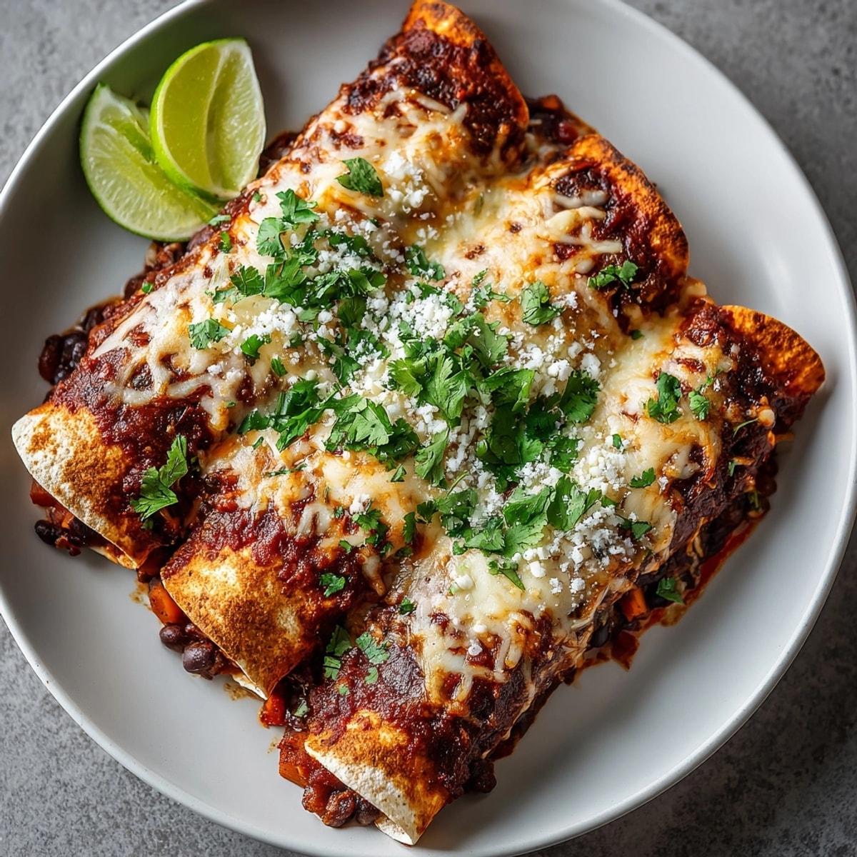 Southwestern Smoky Chipotle Black Bean and Sweet Potato Enchiladas tucked in corn tortillas, topped with melted cheese.