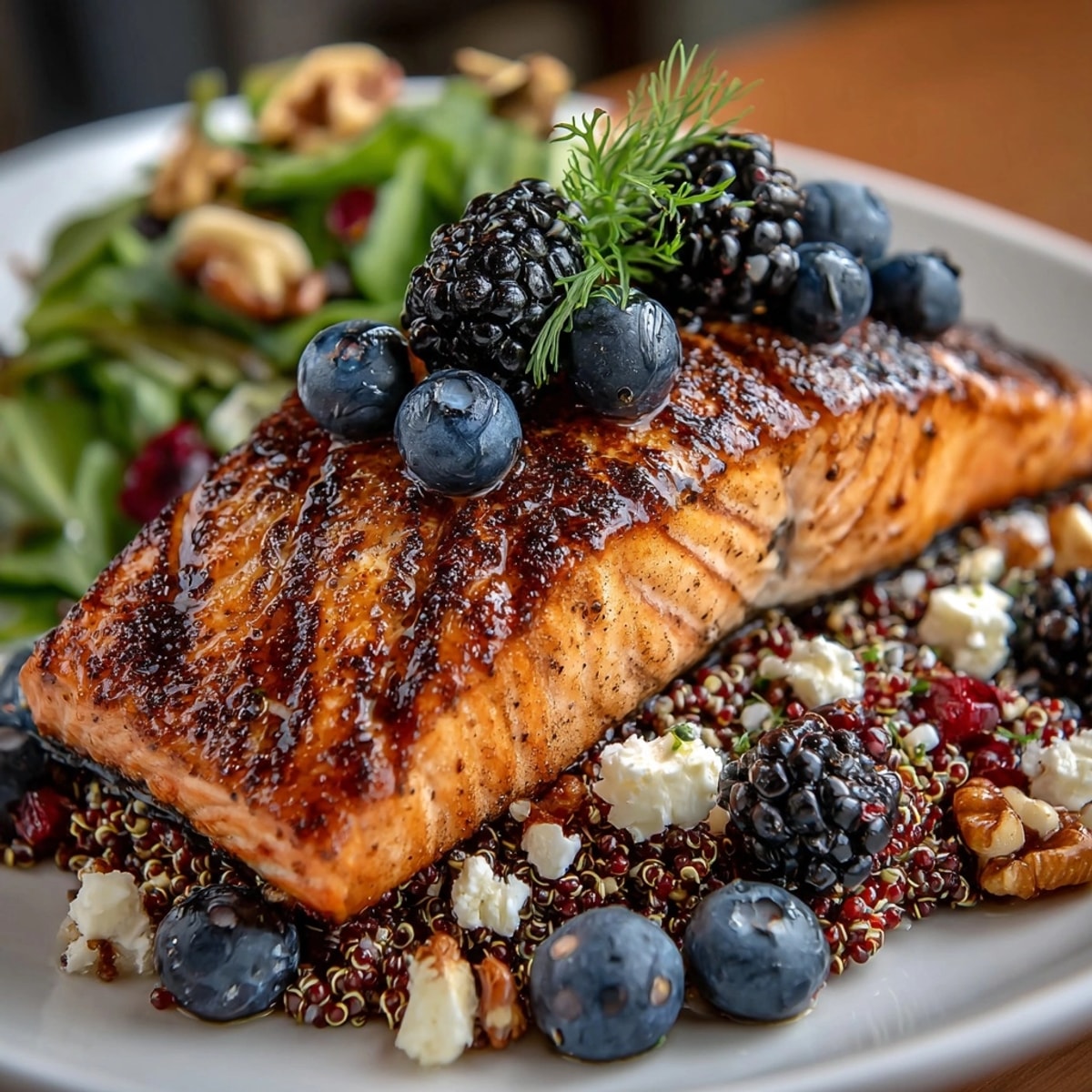 Juicy cedar-planked salmon nestled beside a colorful Pacific berry quinoa salad topped with goat cheese.
