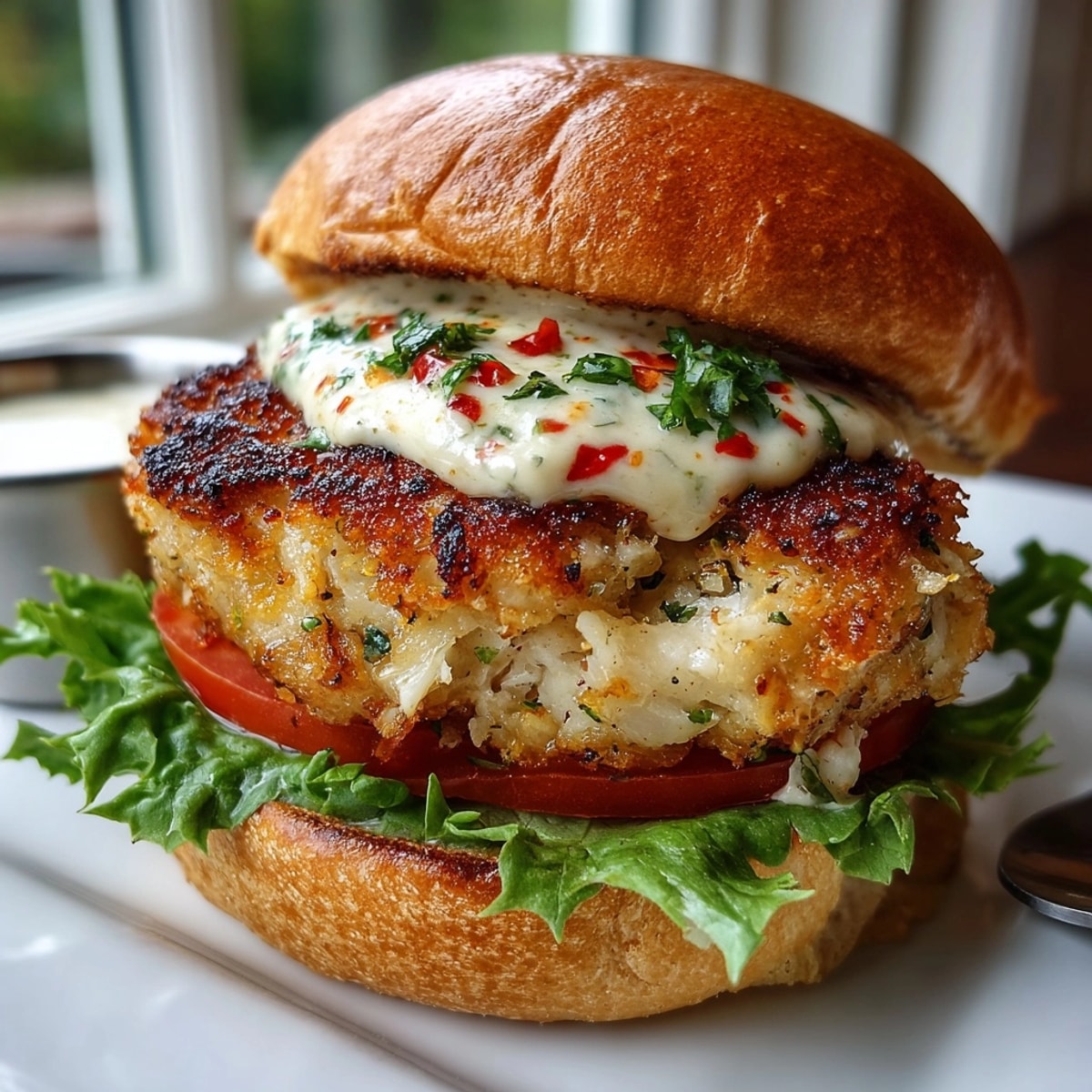 Golden, crispy Coastal Crab Cake Sliders, ready to eat with creamy, spicy Old Bay sauce on top.
