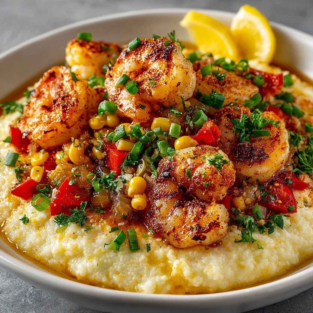 Creamy Southern Comfort Shrimp and Grits with crispy corn, a delicious main course.