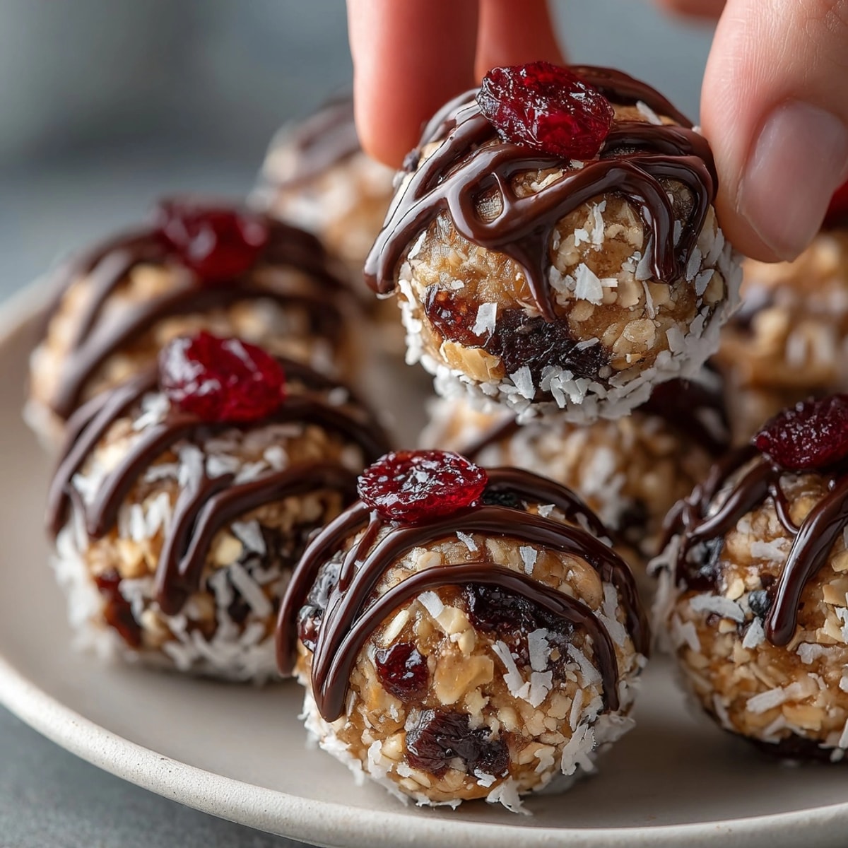 Vibrant photo: Cherry Holiday Energy Bites, a delightful snack with dark chocolate drizzle and festive flavors.