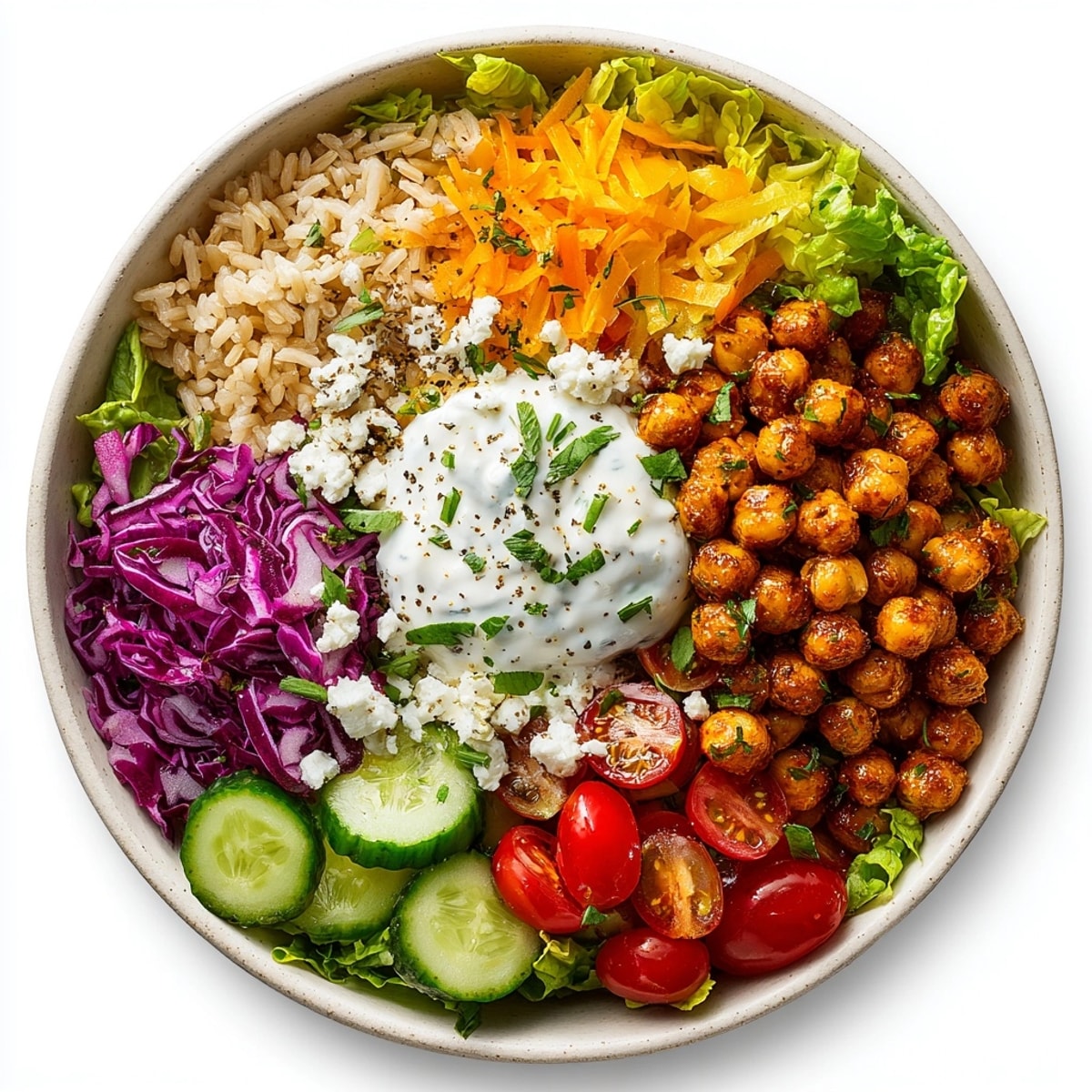 Delicious Buffalo Chickpea Power Bowl with a generous serving, ready to eat, featuring fresh and crisp components.