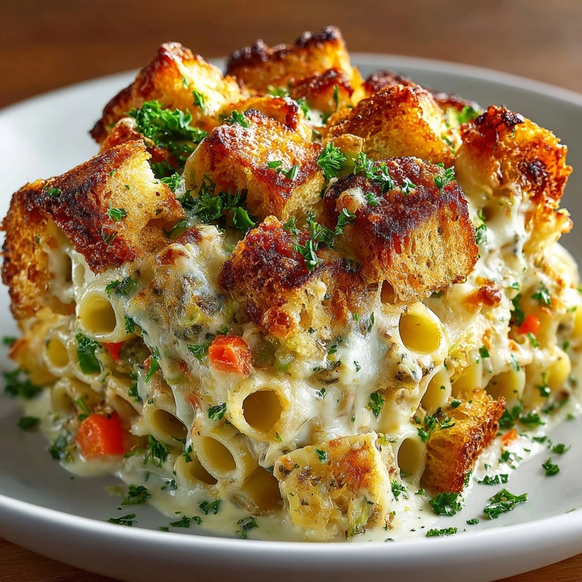 Golden-brown Thanksgiving Stuffing-Inspired Pasta Bake with herbs and melted cheese topping.