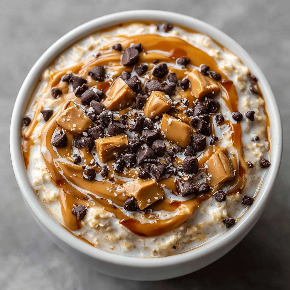 Peanut Butter Chocolate Chip Overnight Oats in a glass jar, creamy and chilled for breakfast.