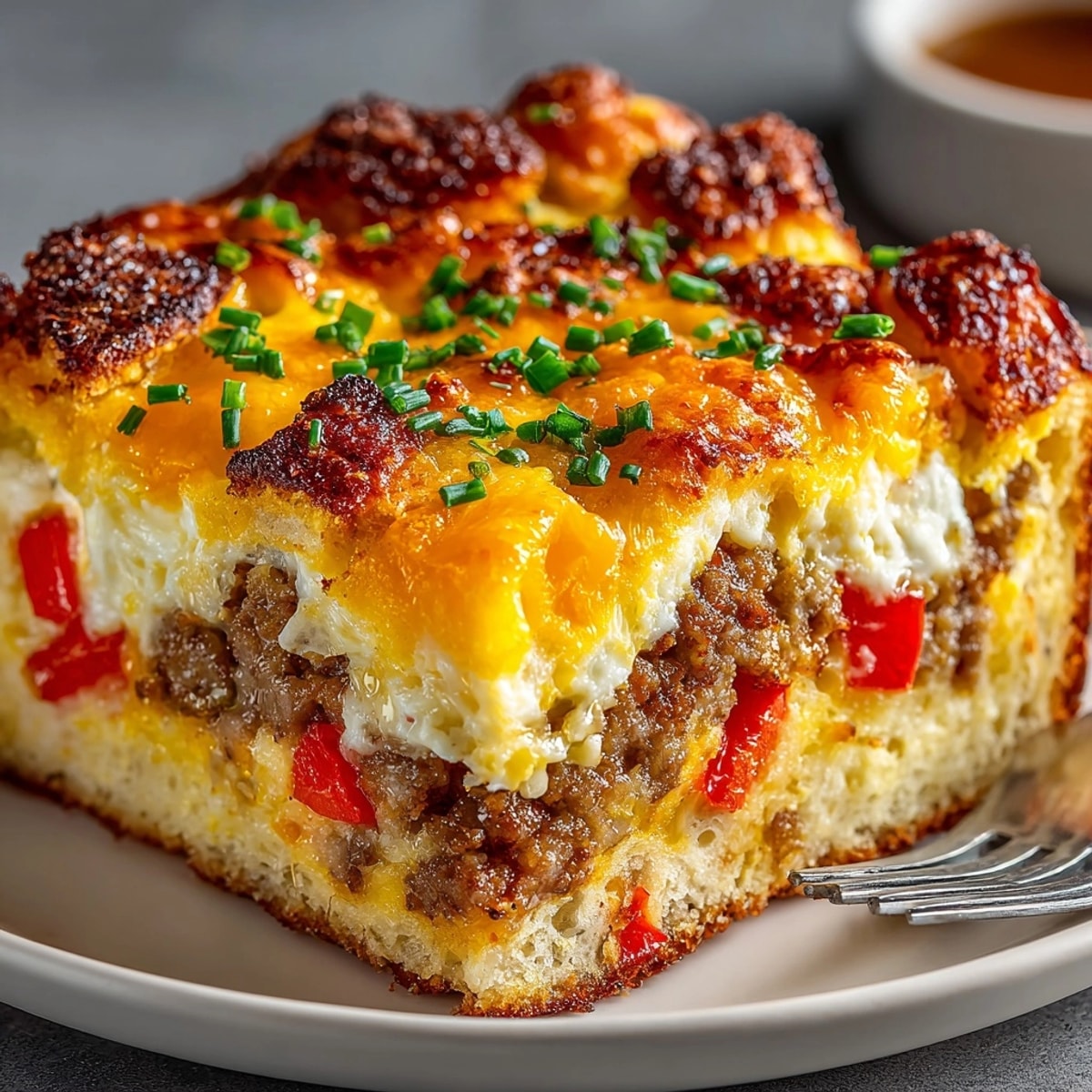 Breakfast casserole with sausage and cheddar cheese baked golden, fresh from the oven, ready to serve.