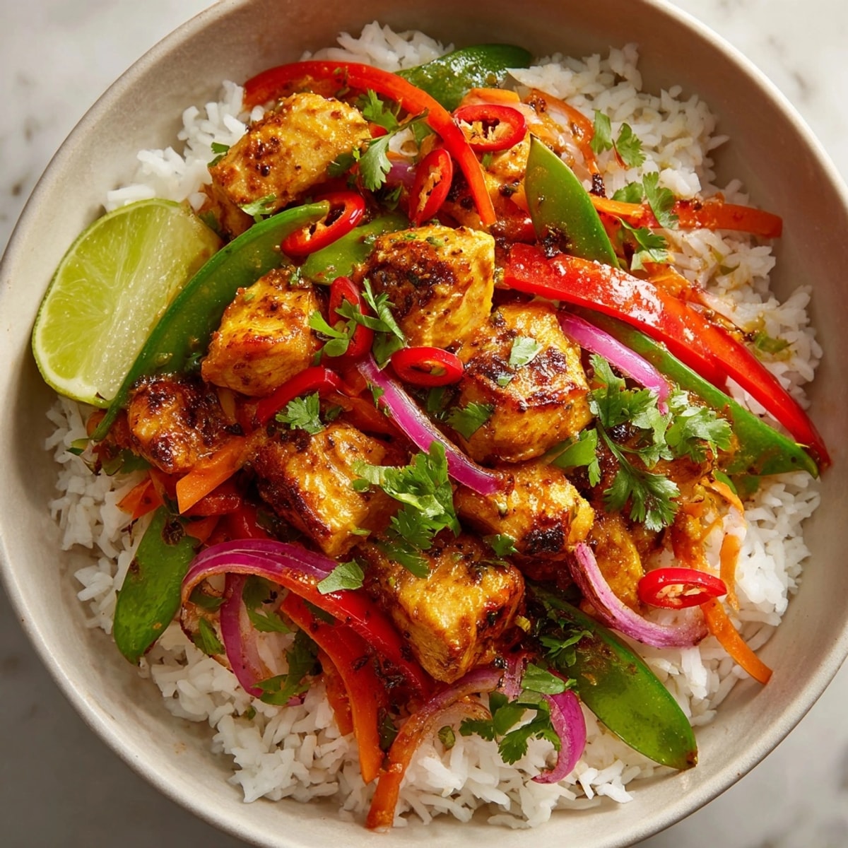 Thai Curry Chicken Rice Bowl with Coconut Sauce served over jasmine rice with fresh cilantro garnish.
