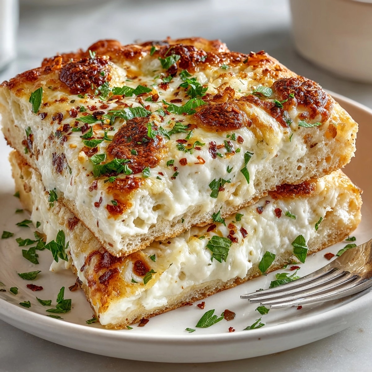 Golden Garlic Butter Alfredo Flatbread with melted mozzarella and fresh herbs on a rustic board