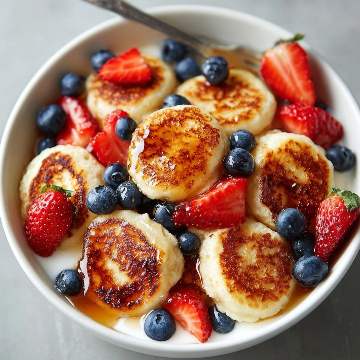 Mini pancake cereal served in a bowl, drizzled with maple syrup and fresh berries.