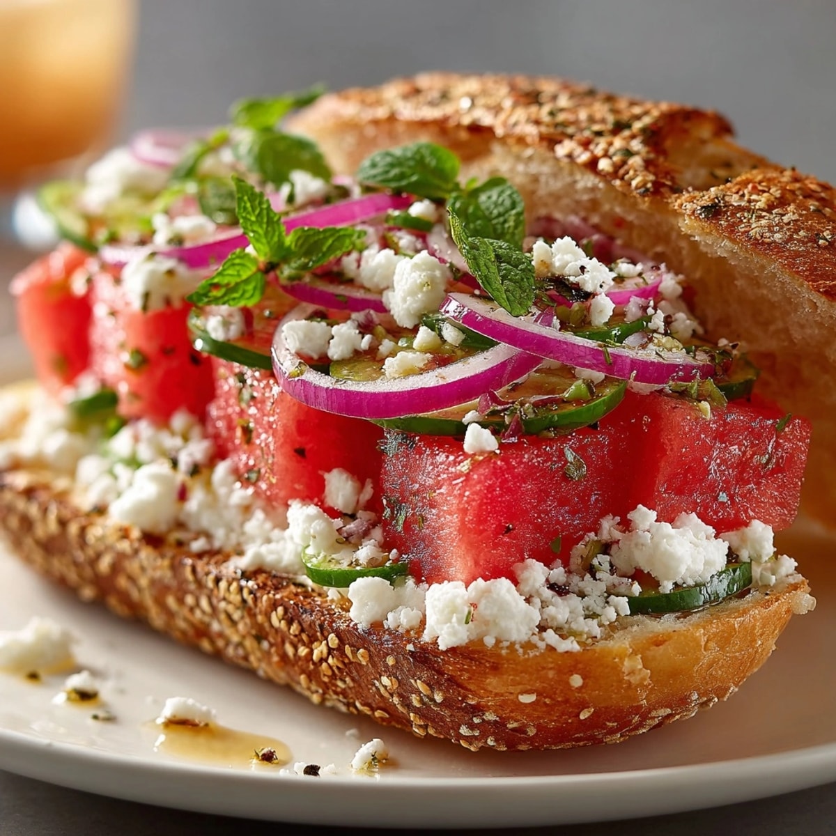 Colorful watermelon sandwich layered with feta cheese, olives, and fresh herbs on ciabatta.