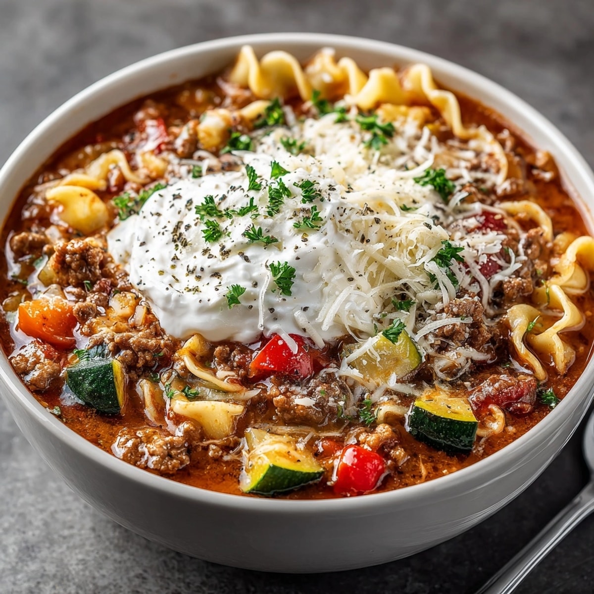 Hearty sausage lasagna soup brimming with tender noodles, savory sausage, and bubbling melted cheese.