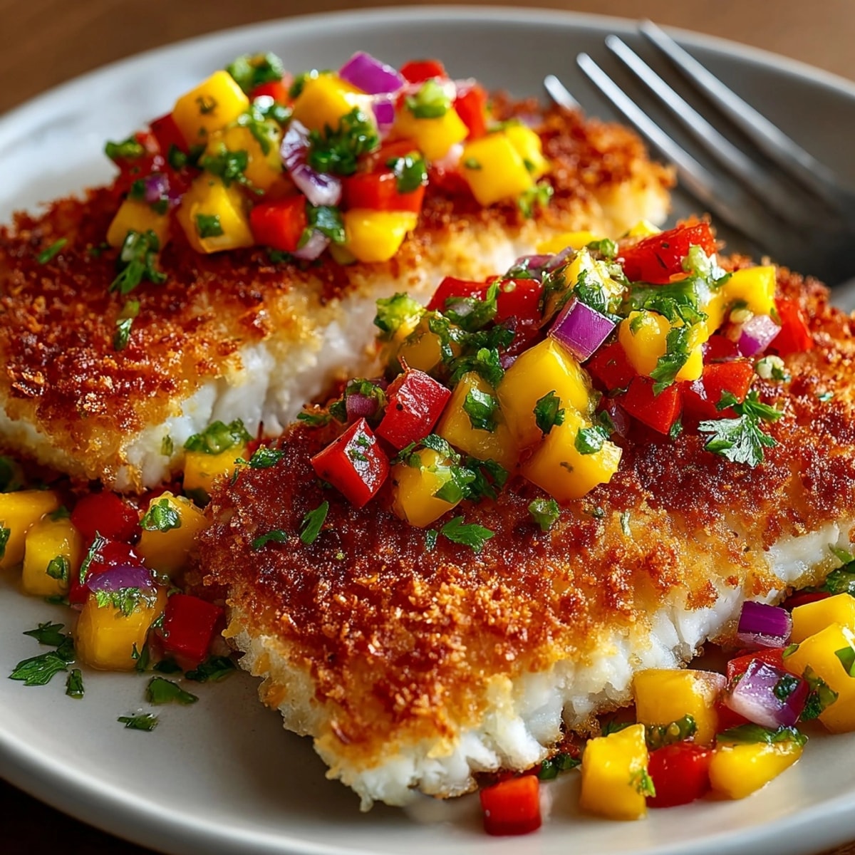 Pan-fried coconut crusted fish fillets topped with fresh mango salsa for a tropical meal.