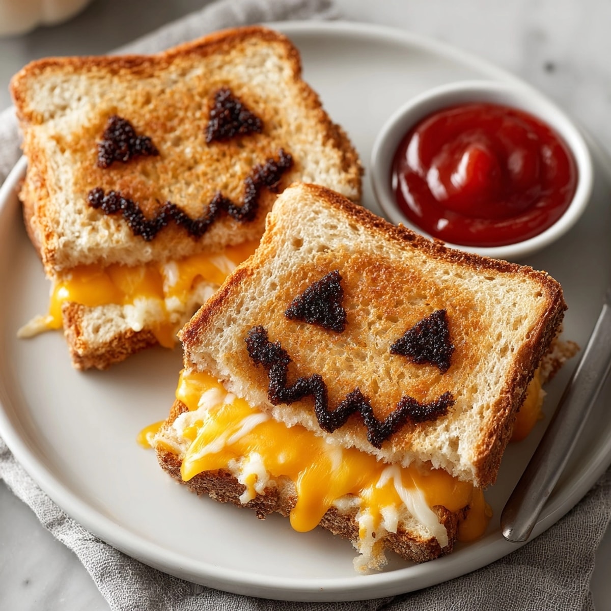 Crispy Jack-o'-Lantern Grilled Cheese Sandwiches, a Halloween treat oozing warm, tangy deliciousness.