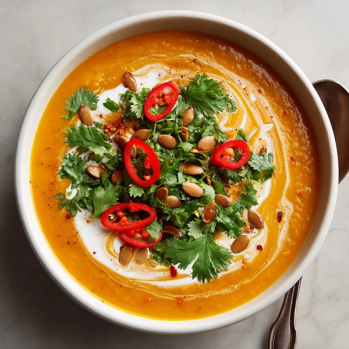Creamy Thai Butternut Squash Soup, smooth and vibrant, awaits garnish with fresh cilantro.