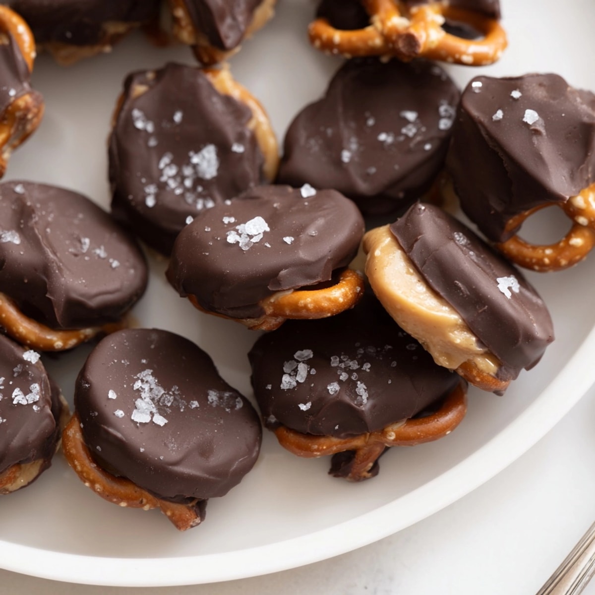Creamy Peanut Butter Salted Pretzel Bites recipe—a delicious no bake dessert dipped in rich melted chocolate.