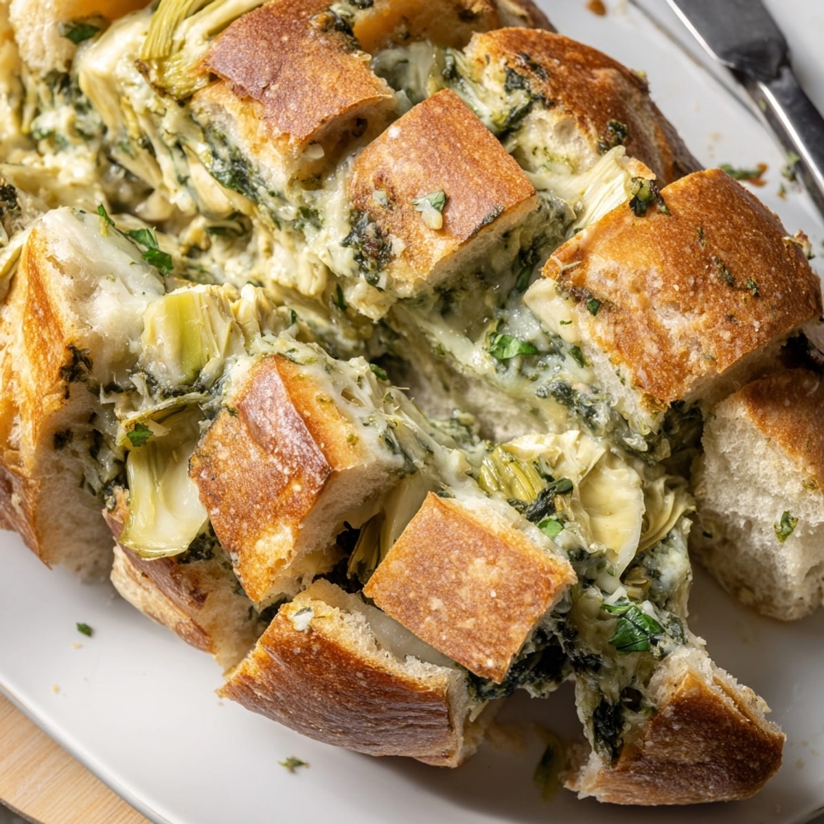Golden Alfredo Spinach Artichoke Bread pull-apart, warm and cheesy on parchment paper.