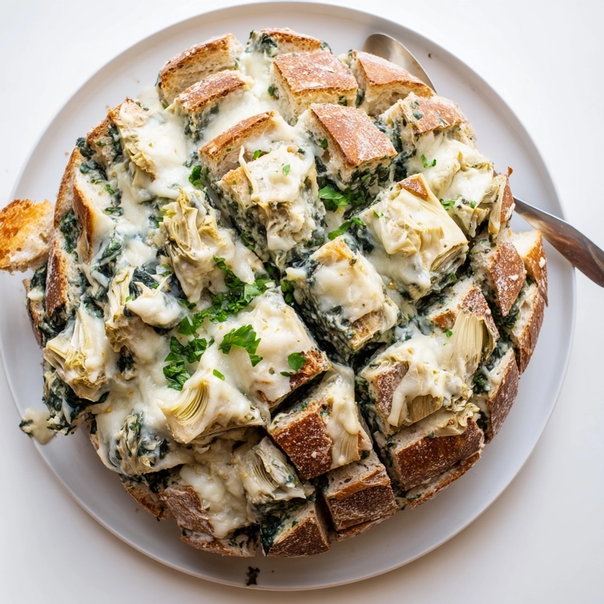 Close-up of buttery, herbed Alfredo Spinach Artichoke Bread ready to serve; layers visible.