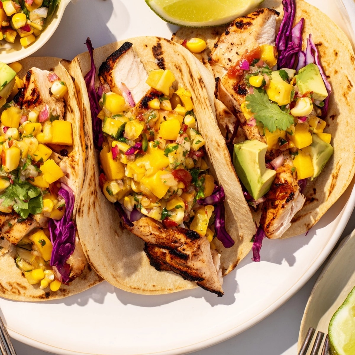 Close-up shows vibrant Mango Corn Salsa Chicken Tacos; warm tortillas overflowing with colorful toppings.