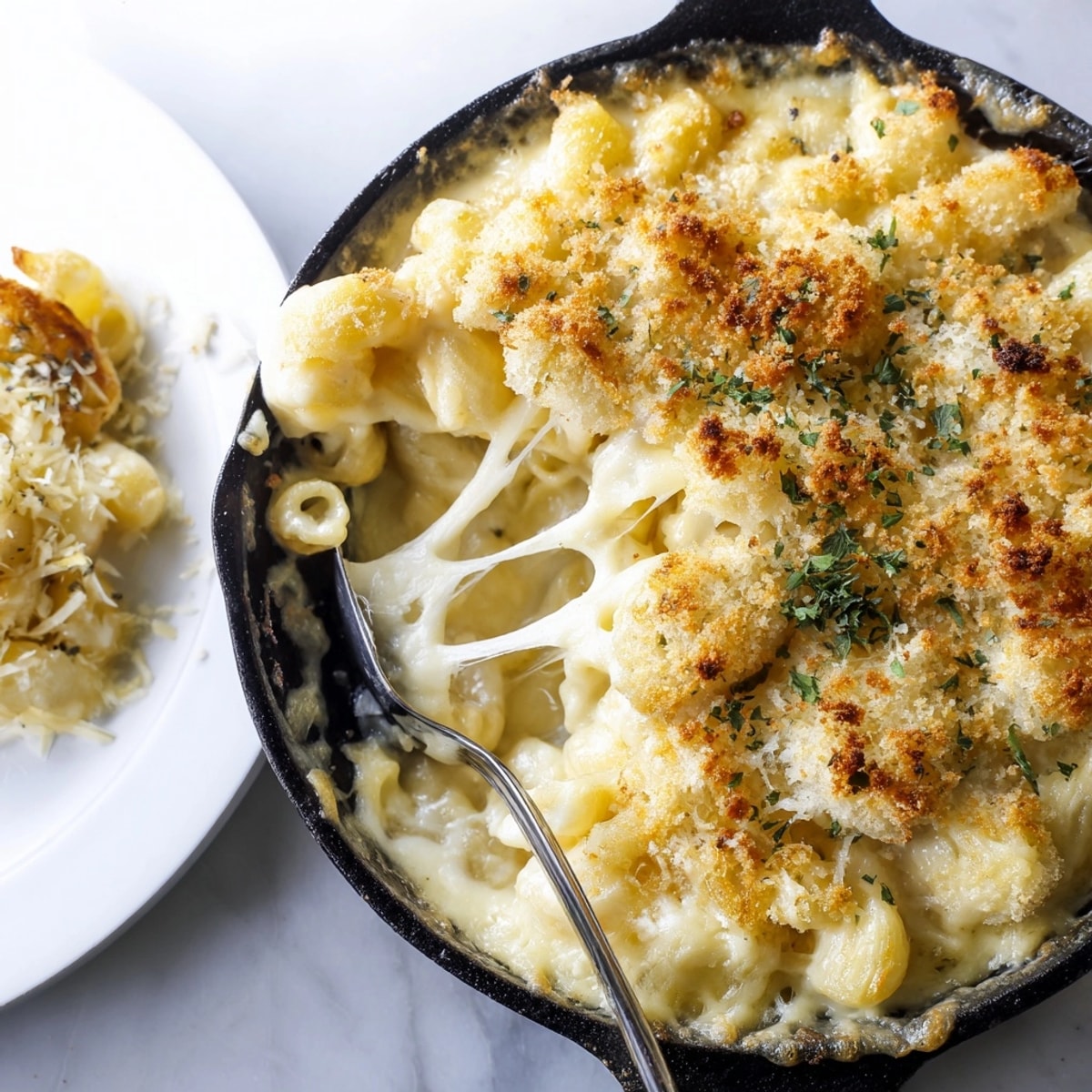 Golden, bubbly Mac and Cheese Sourdough Skillet, crusty topping served warm.