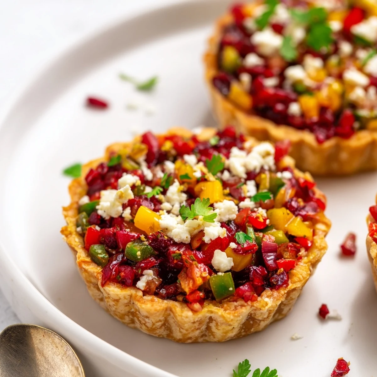 Colorful tartlet shells filled with sweet-tart cranberry jalapeño mixture for zesty flavor.