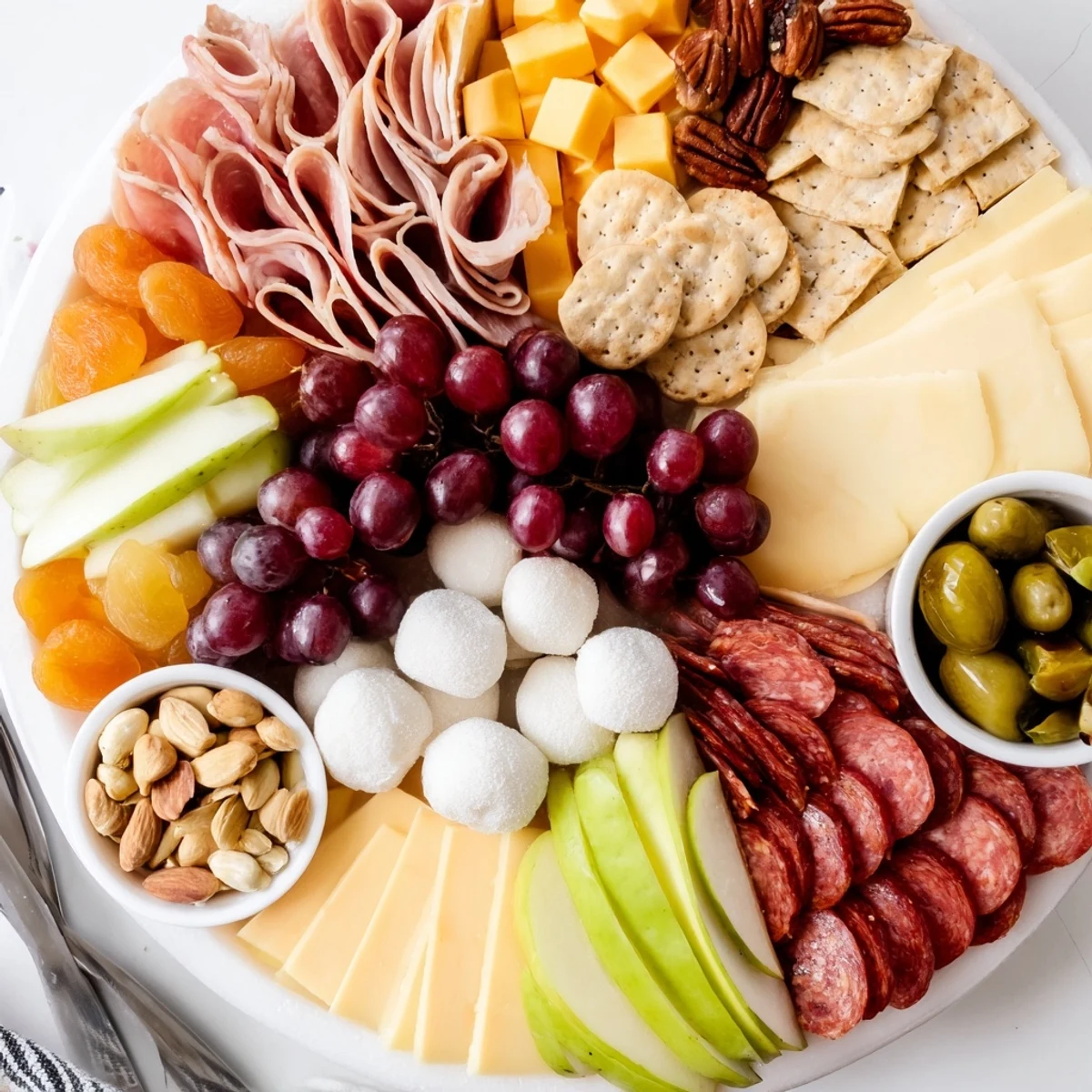A beautifully arranged charcuterie board featuring mochi donut holes and fresh fruits.  