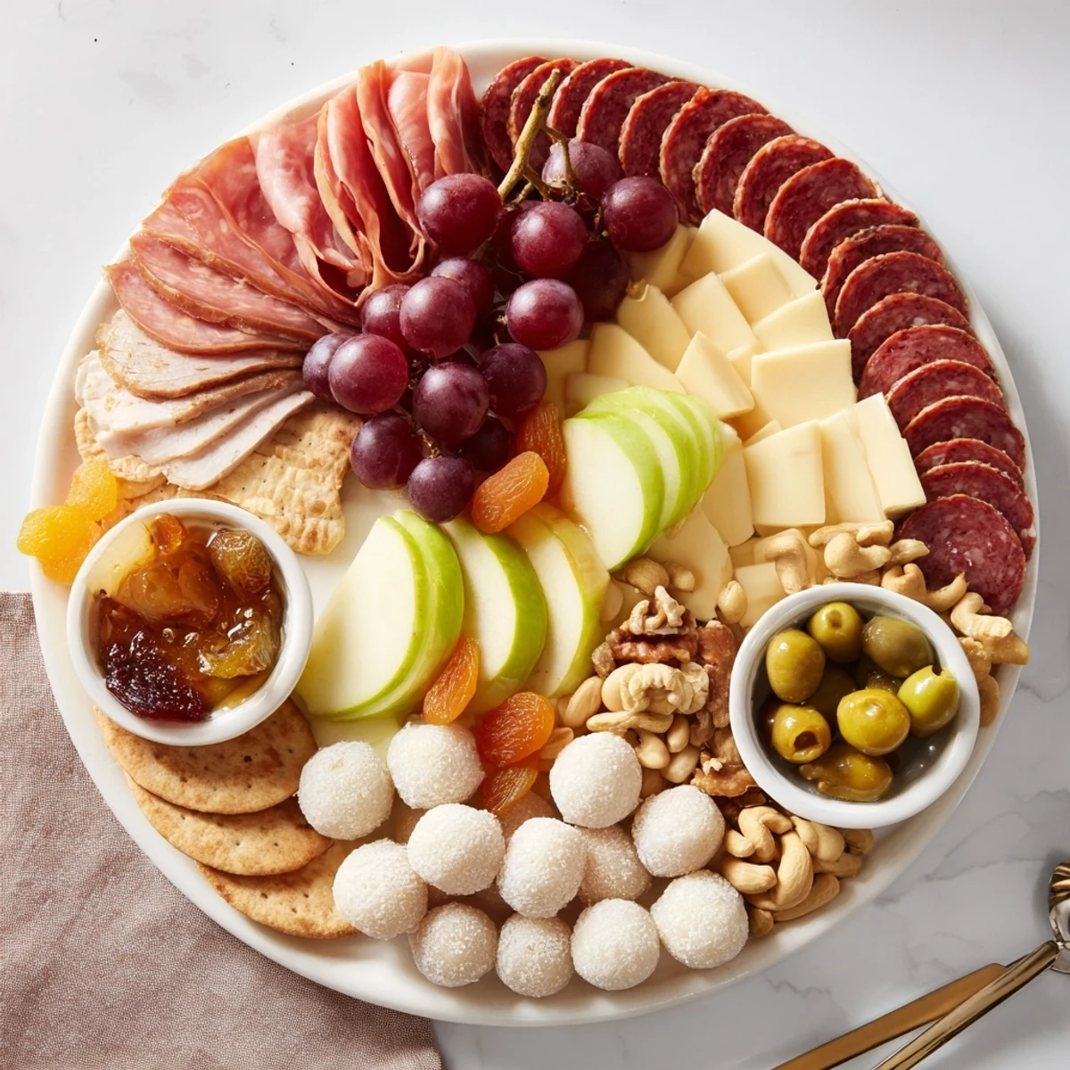 Colorful charcuterie board showcasing creamy cheeses and sweet mochi donut holes delightfully arranged.