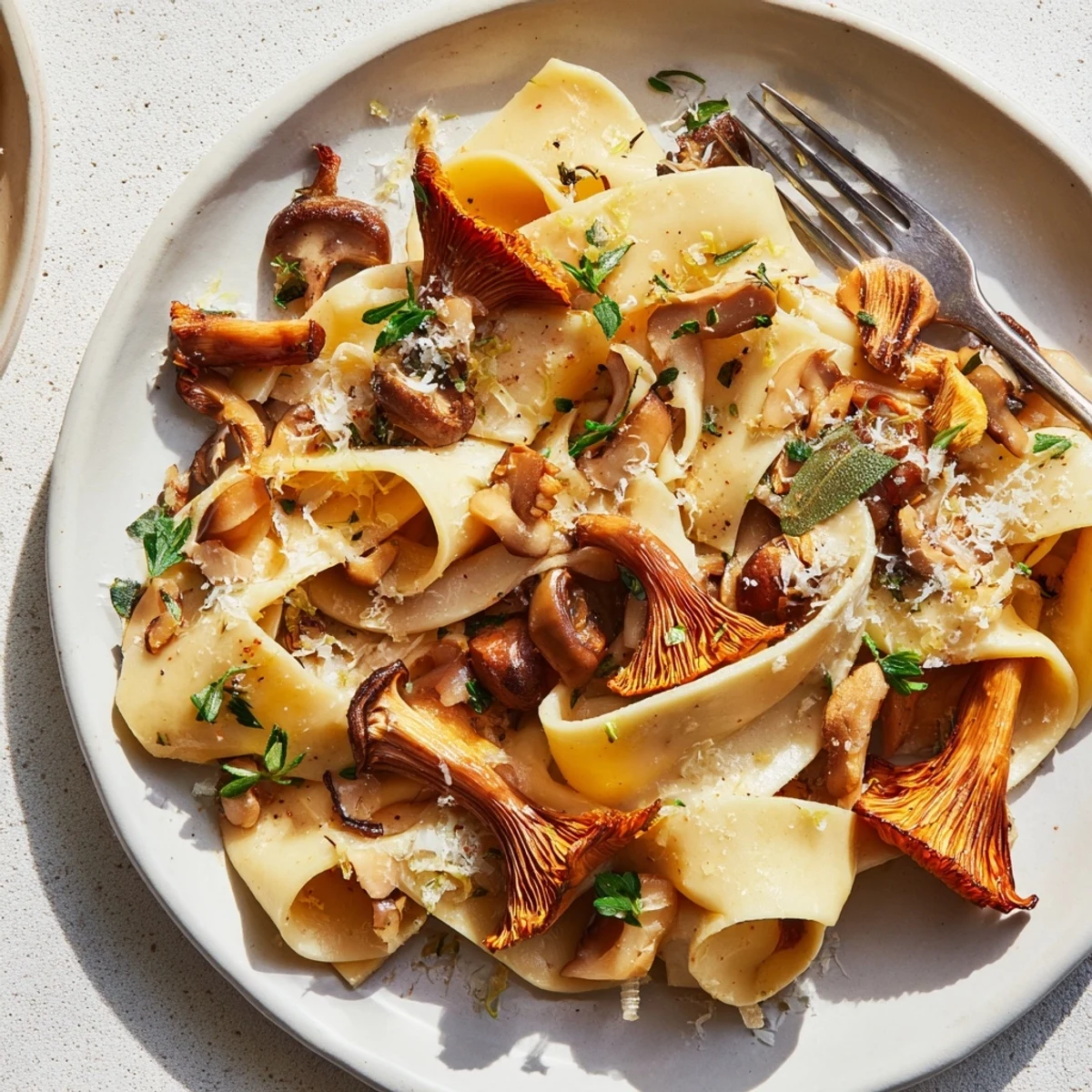 Cozy fall pasta with wild mushrooms, brown butter, and parmesan, garnished beautifully.  