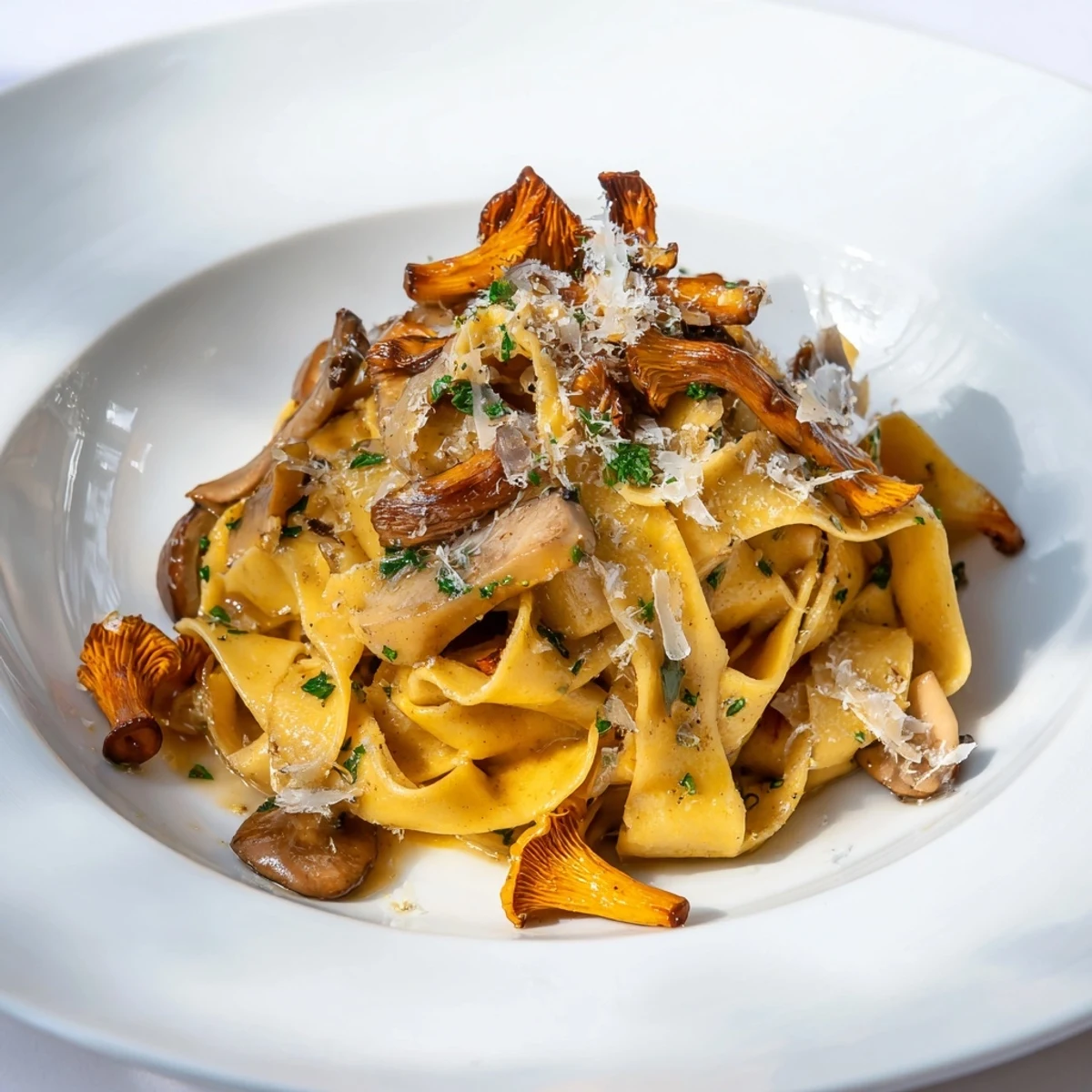 Creamy brown butter pasta topped with sautéed wild mushrooms and fresh herbs.