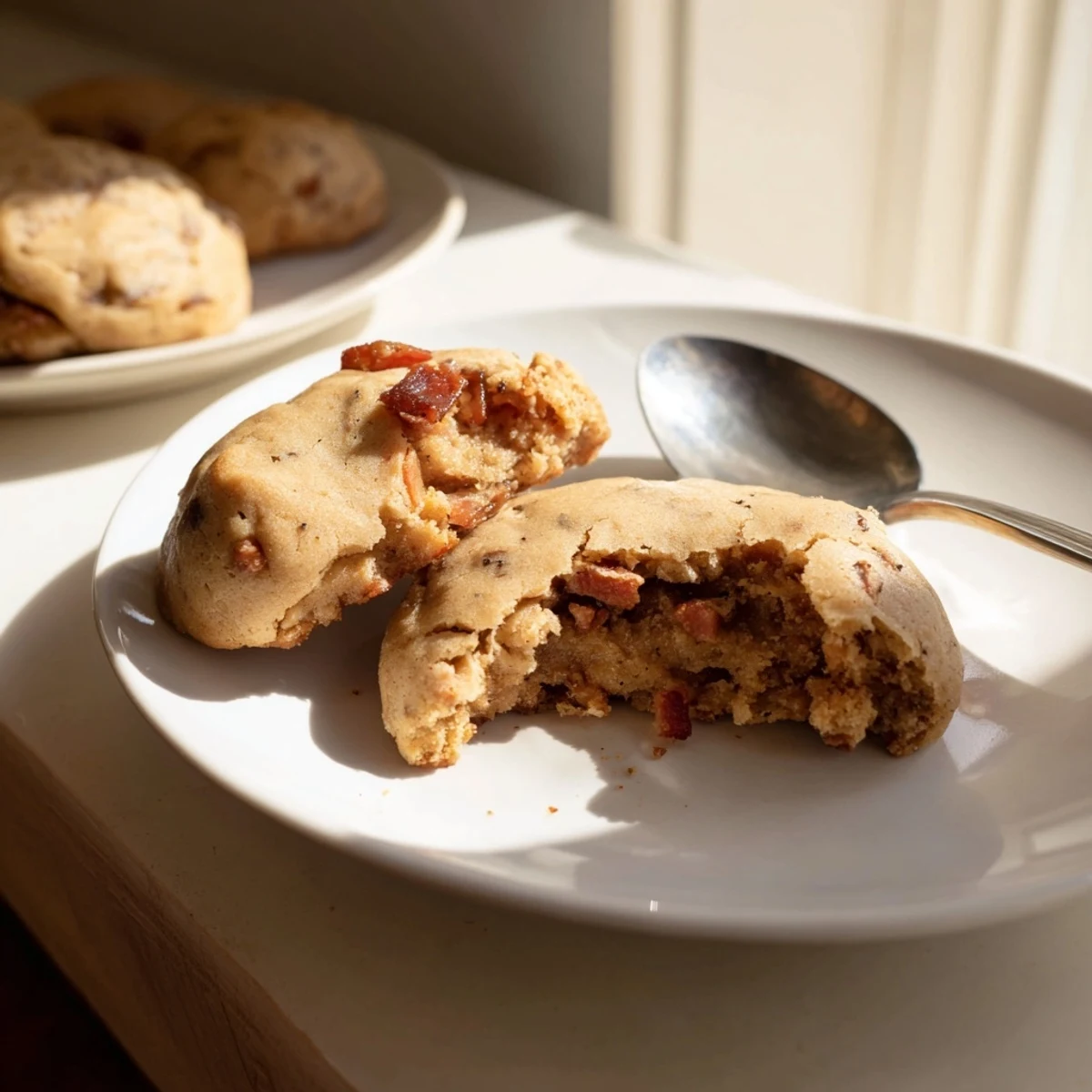 Warm Chai Maple Bacon Drop Cookies topped with crispy bacon and sweet maple drizzle.  