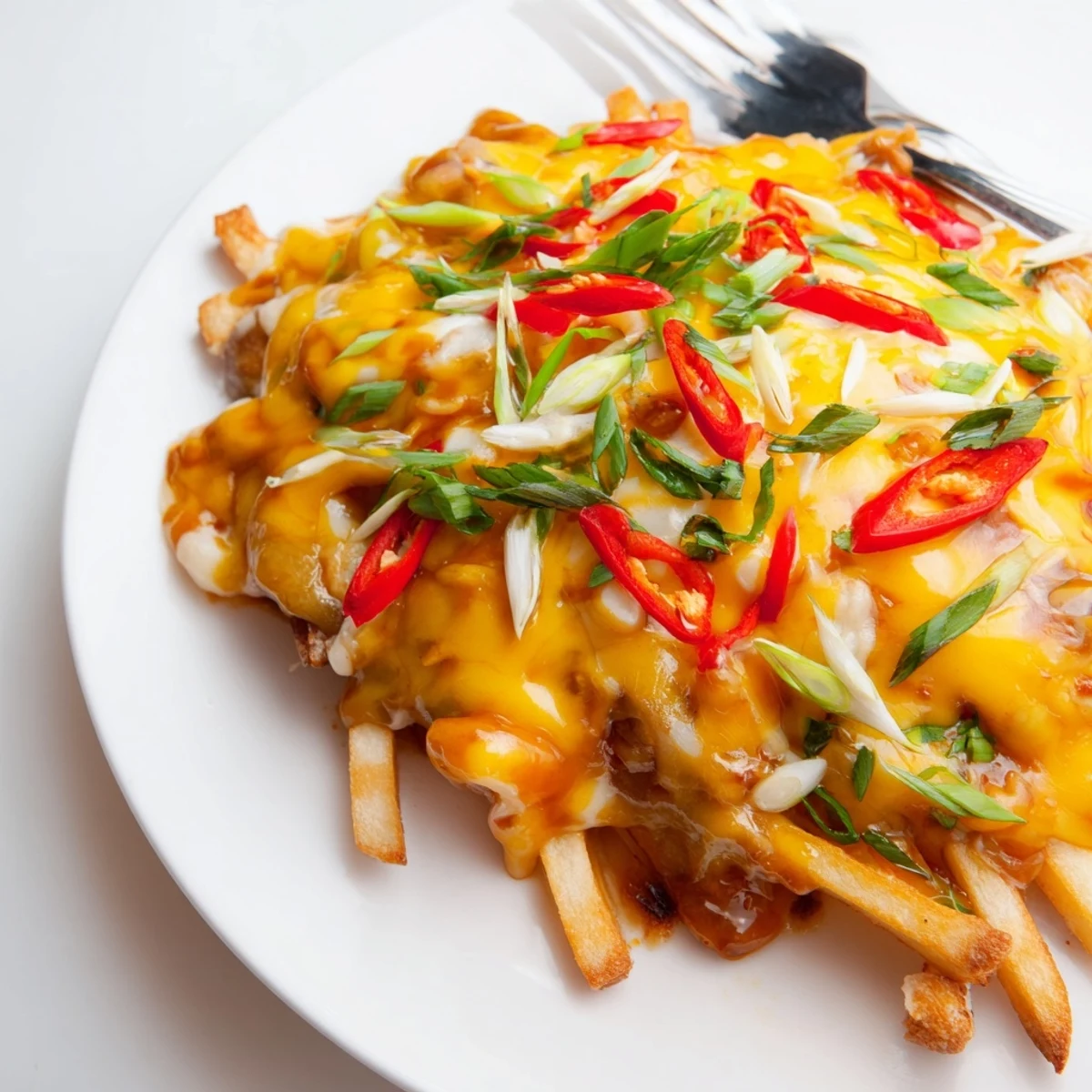 Golden, crispy Honey Sriracha Casserole Fries topped with melted cheese and scallions.  