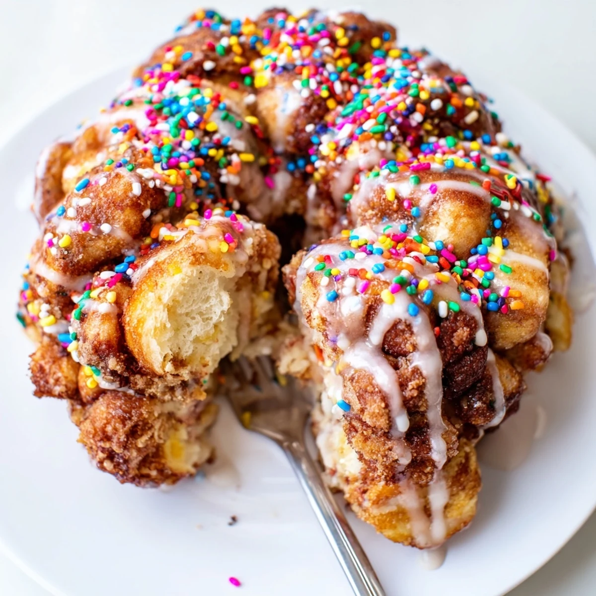 A festive Funfetti coffee cake monkey bread bursting with cinnamon and rainbow sprinkles.  