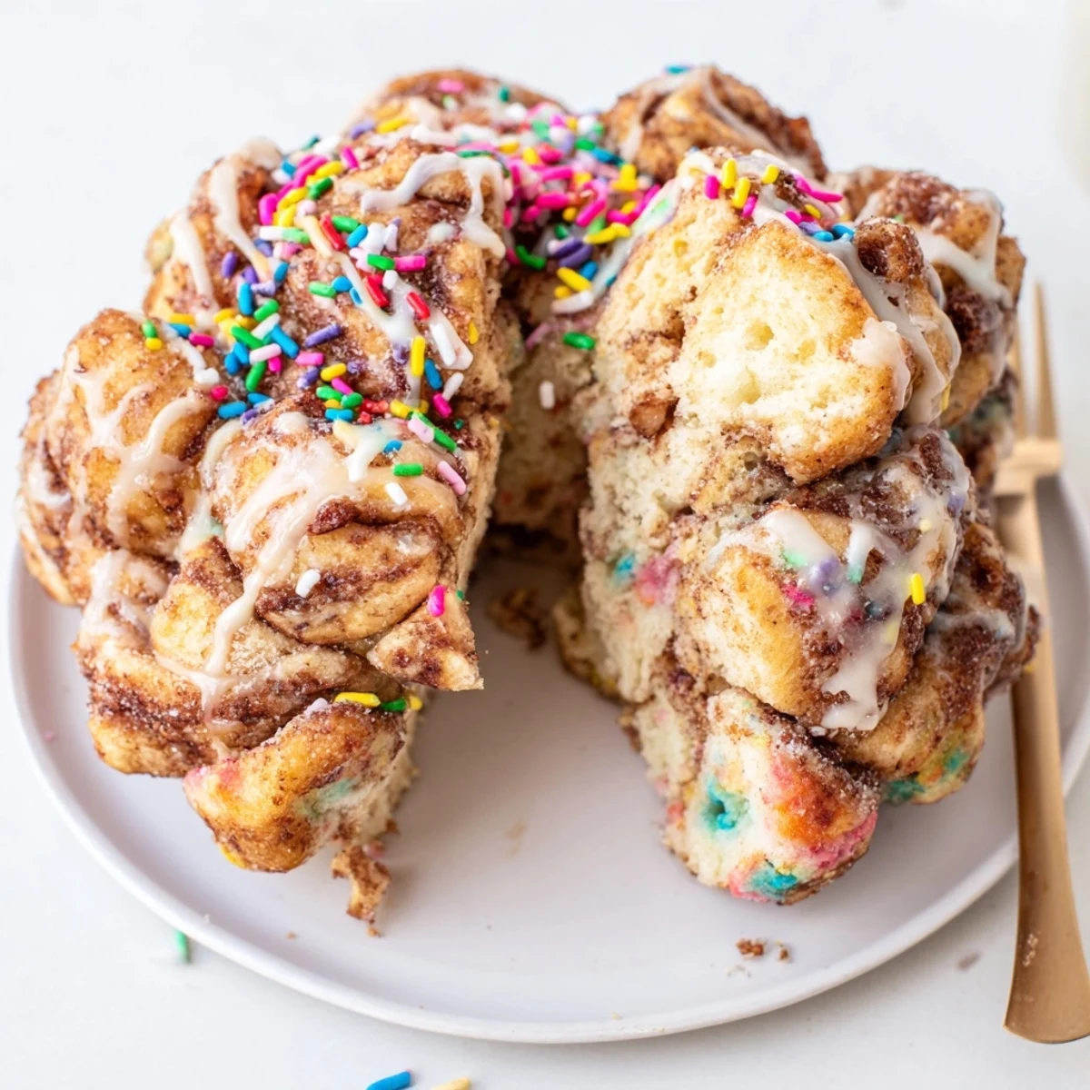 Warm Funfetti coffee cake monkey bread perfect for brunch, topped with glaze and sprinkles.