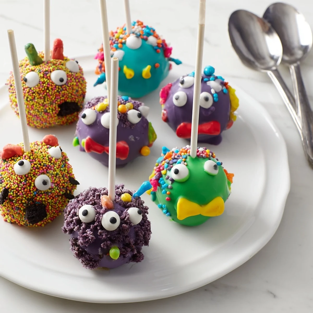 Whimsical salted caramel monster cake pops with vibrant colors and playful decorations.  