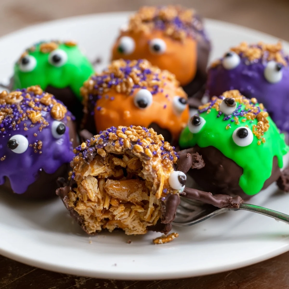 Cream Soda Cheddar Pretzel Monster Cake Balls drizzled with melted chocolate and candy eyes.