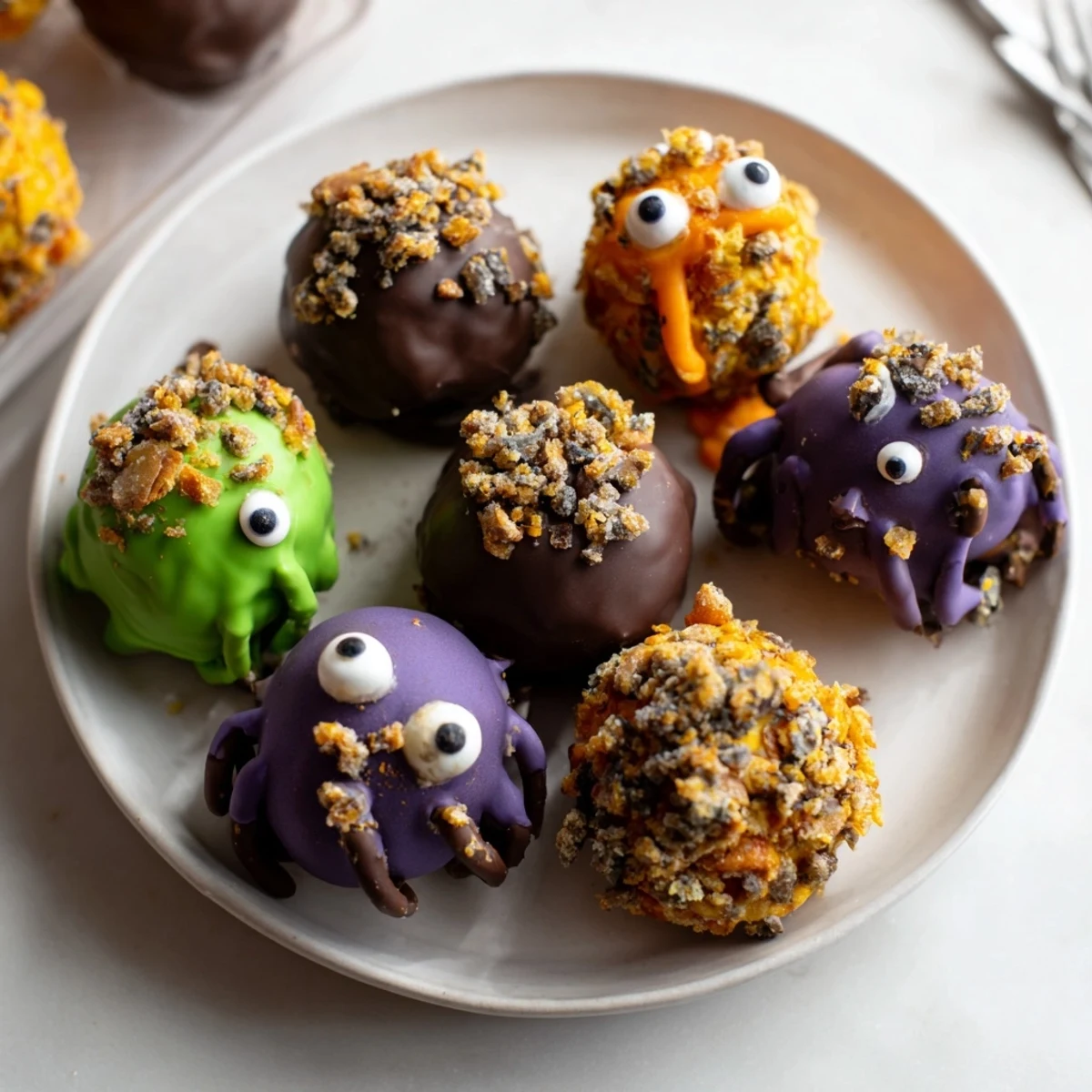 Deliciously decorated Cream Soda Cheddar Pretzel Monster Cake Balls ready for Halloween treats.