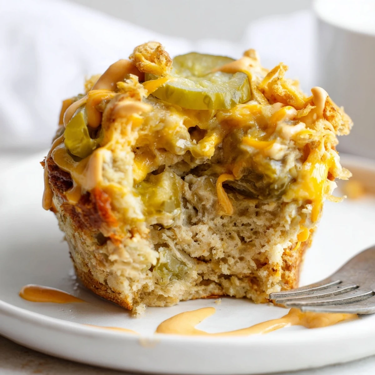 Tangy Dill Pickle Buffalo Ranch Cheesecake Cake Muffins topped with creamy ranch, an adventurous treat.  