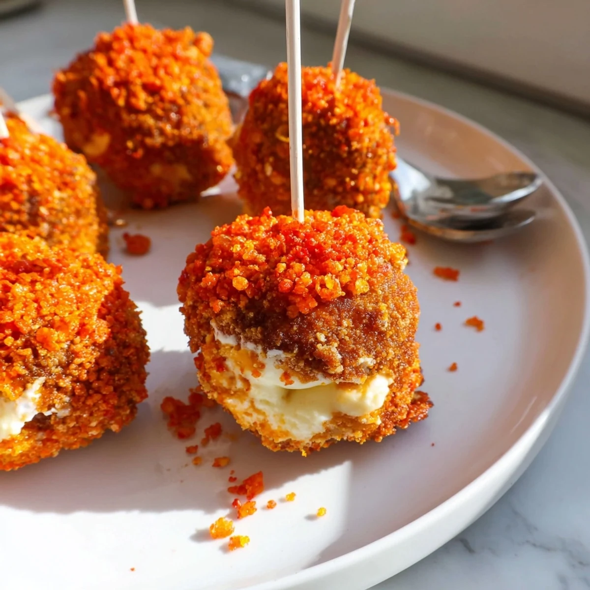 Moist Cream Cheese Flamin Hot Pumpkin Muffin Pops on sticks, perfect for fall snacking.