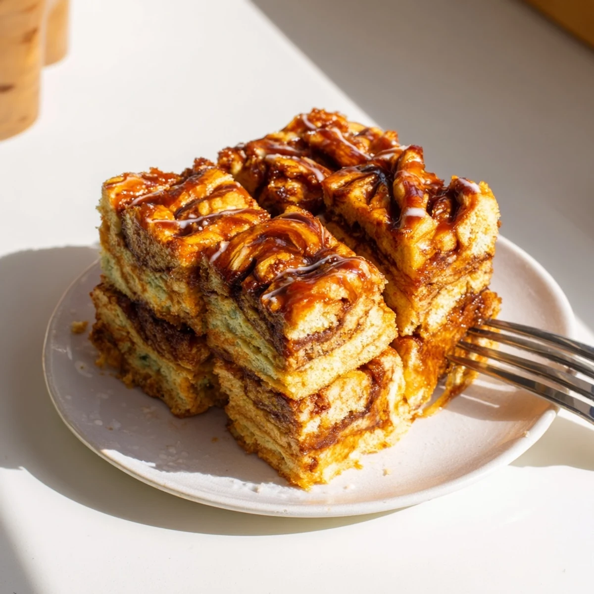 Fluffy Sweet Tea Chili Garlic Monster Cake Pancake Bars topped with a spicy, sweet glaze.