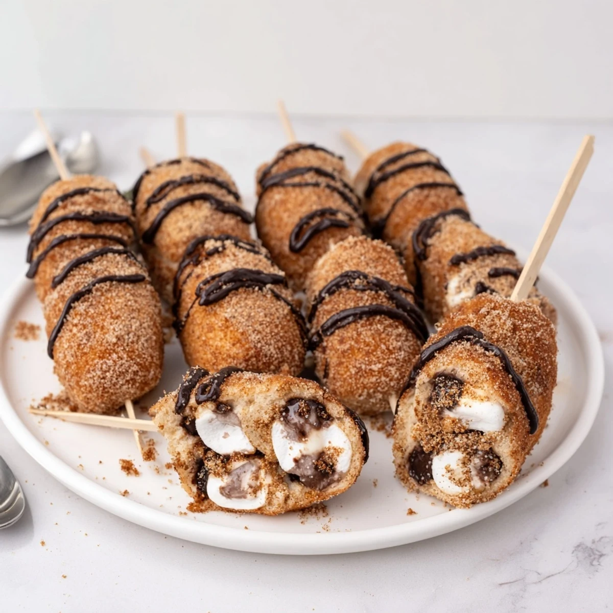 Deliciously warm Smores Churro Cake Pancake Pops drizzled with chocolate and graham crumbs.