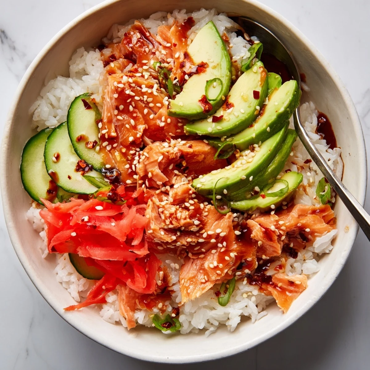 Delicious leftover salmon and rice bowl topped with fresh avocado and cucumber slices.  