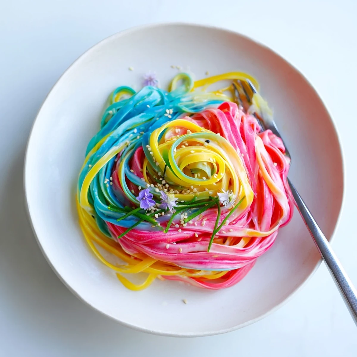 Vibrant Neon Noodle Cloud recipe with colorful noodles in creamy sauce, perfect for parties.  