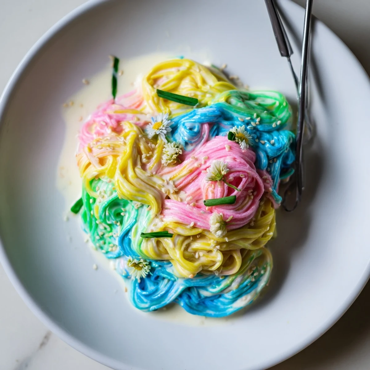 Whimsical Neon Noodle Cloud dish showcasing cheerful colors and creamy cloud-like sauce.  