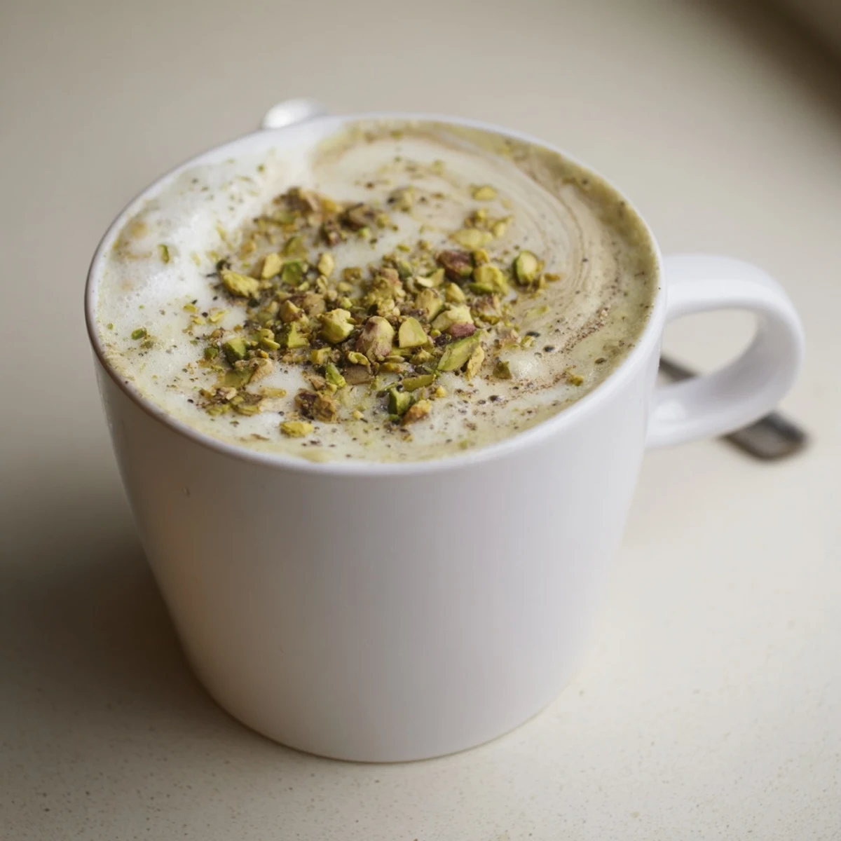 Creamy pistachio milk latte, a delightful blend of coffee and nutty flavors.  