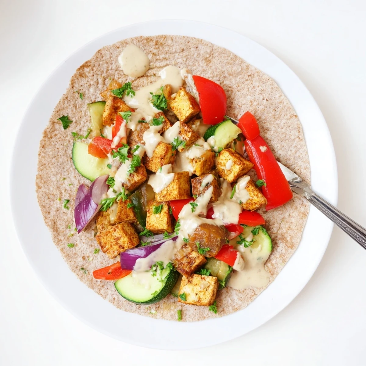 Delicious Vegan Viral Recipe Re-make, featuring warm wraps and creamy tahini sauce.  