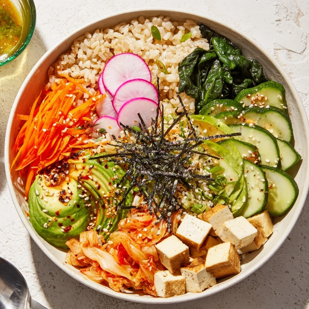 Zesty fermented vegetable bowl featuring kimchi, vibrant greens, and savory dressing drizzled on.  