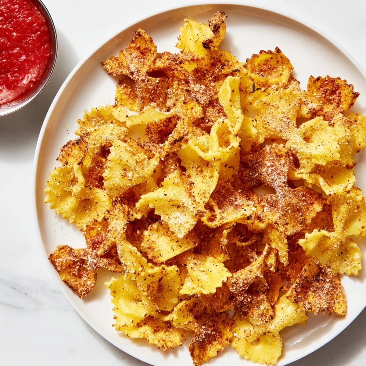 Crispy pasta chips seasoned with garlic and smoked paprika for delicious snacking.  