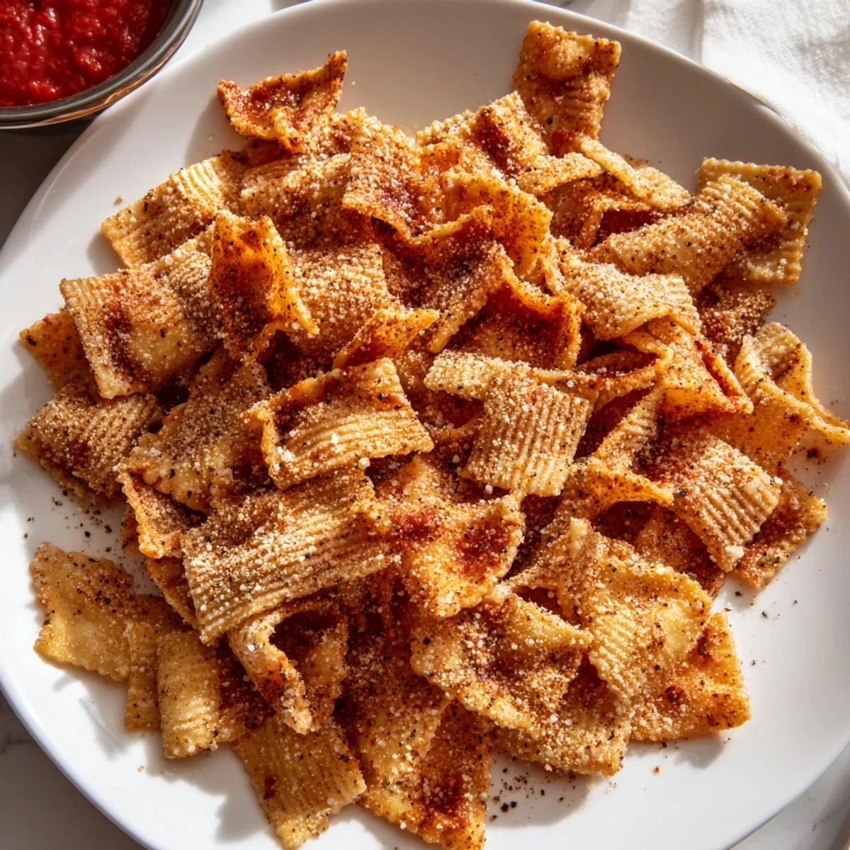 Golden brown baked pasta chips served warm, perfect with dip or solo snacking.  