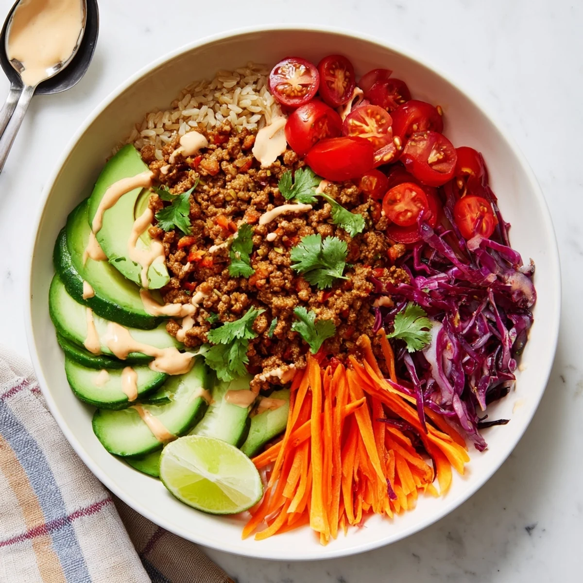 A colorful plant-based meat bowl topped with fresh veggies and creamy sauce.  