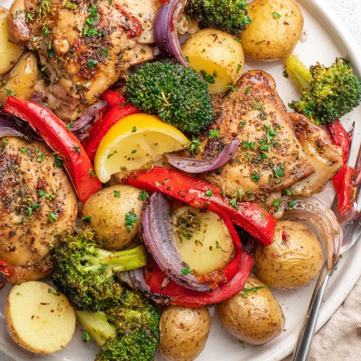 Aromatic Lazy Gourmet Chicken & Vegetable One-Pot served hot with bright lemon wedges.  