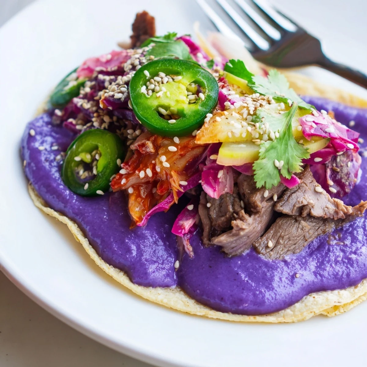 Colorful Global Street-Food Fusion Tacos with ube crema and fresh toppings ready to serve.  